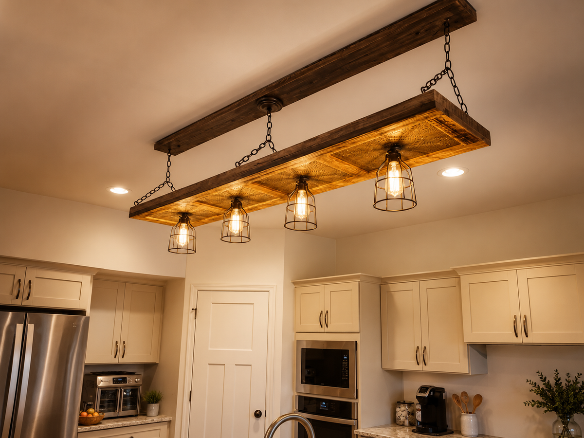 Wooden pendant light fixture hanging in a kitchen with white cabinets and appliances.